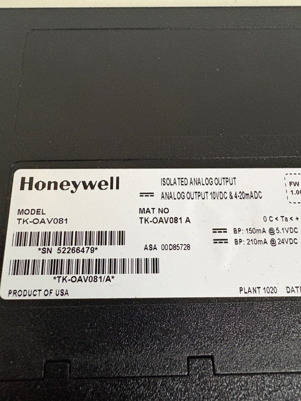 HONEYWELL ISOLATED ANALOG OUTPUT TK-0AV081 A