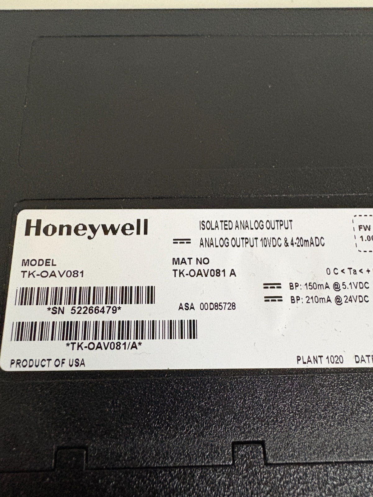 HONEYWELL ISOLATED ANALOG OUTPUT TK-0AV081 A