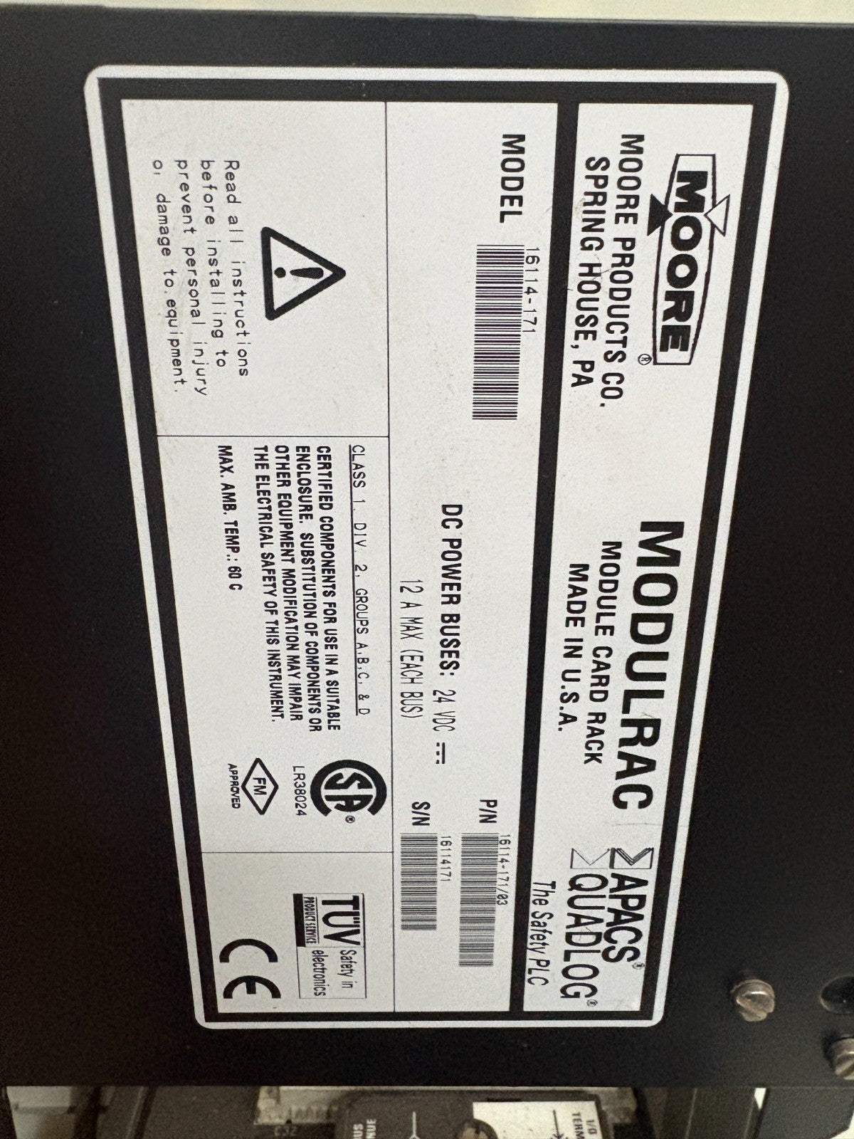 SIEMENS MOORE MODULRACK CARD RACK 16114-171