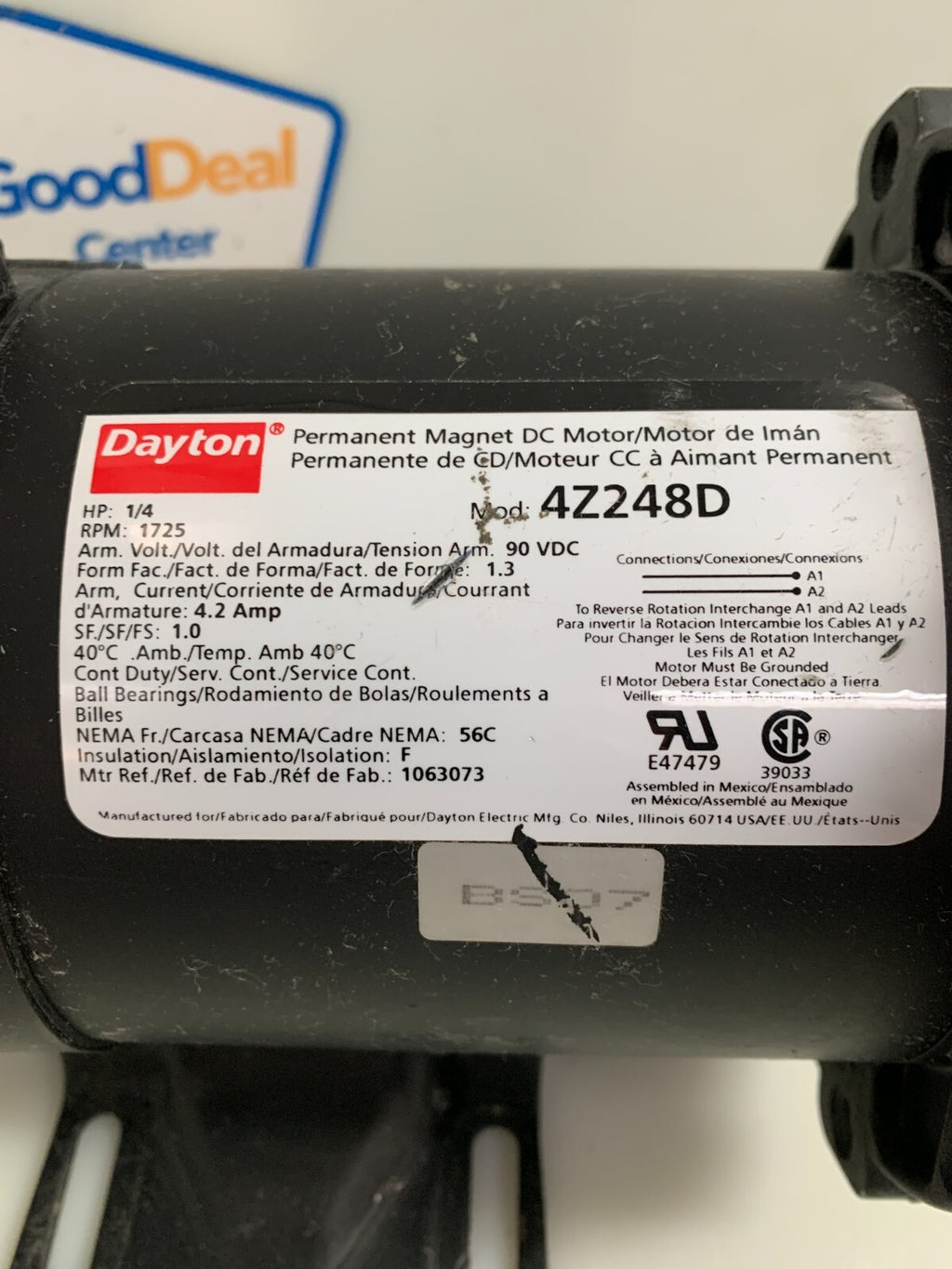 DAYTON Permanent Magnet DC Motor 4Z248D 1/4 HP 1725 RPM1