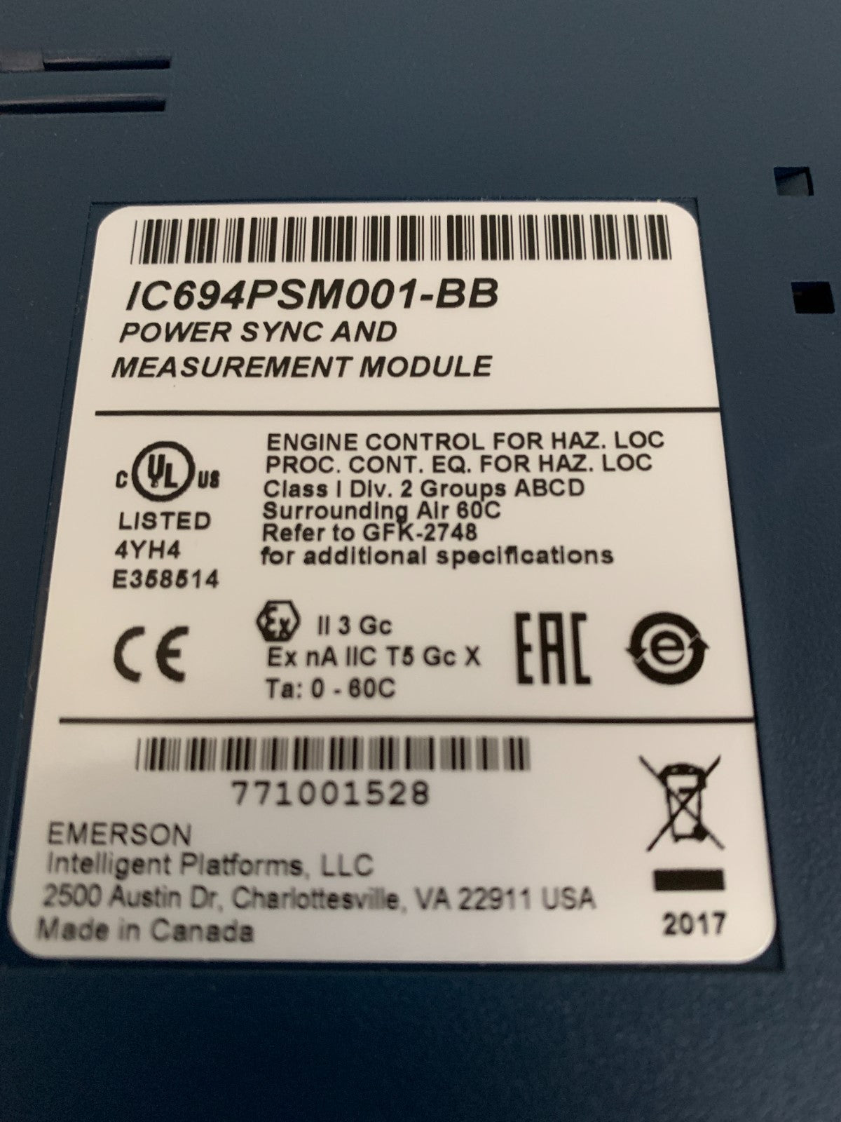 EMERSON POWER SYNC AND MEASUREMENT MODULE IC 694 PSM001-BB