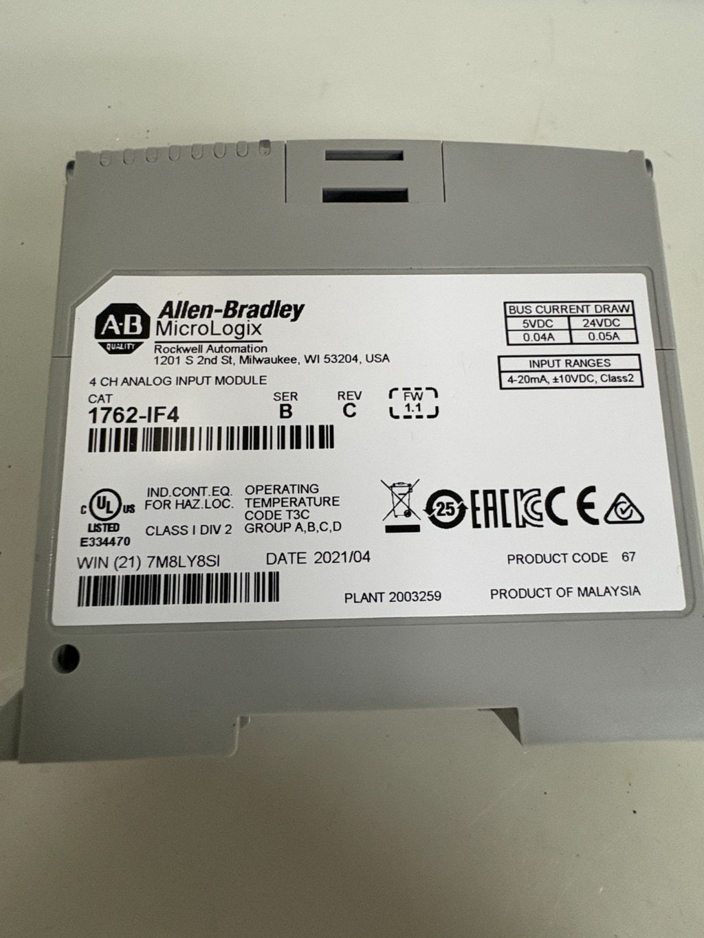ALLEN BRADLEY MICROLOGIX 4 CH ANALOG INPUT MODULE 1762-IF4 SER B REVC