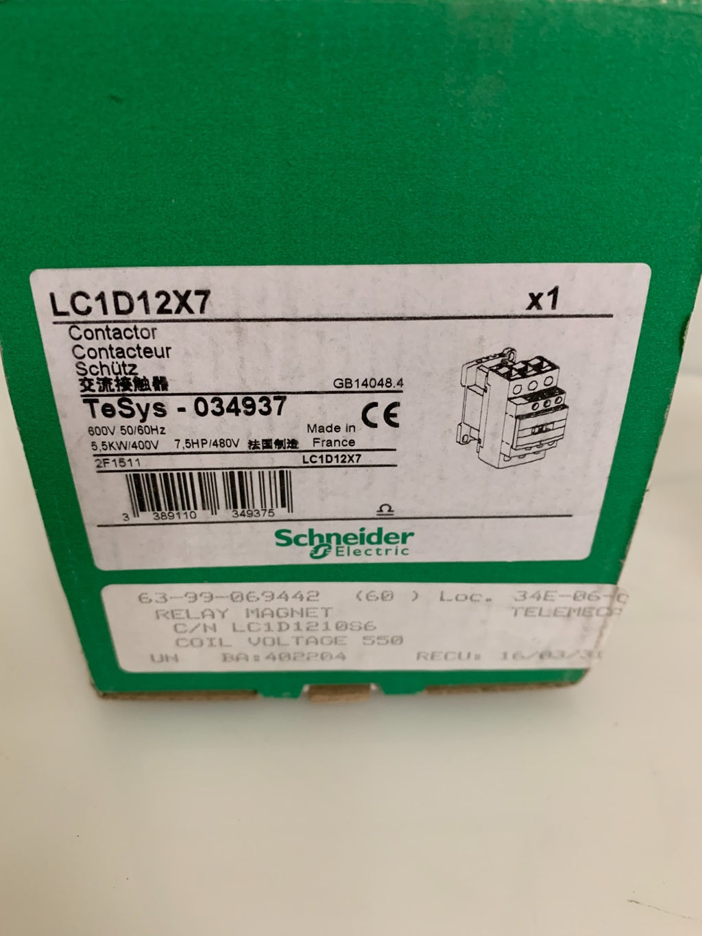 SCHNEIDER CONTACTOR LC1D12X72