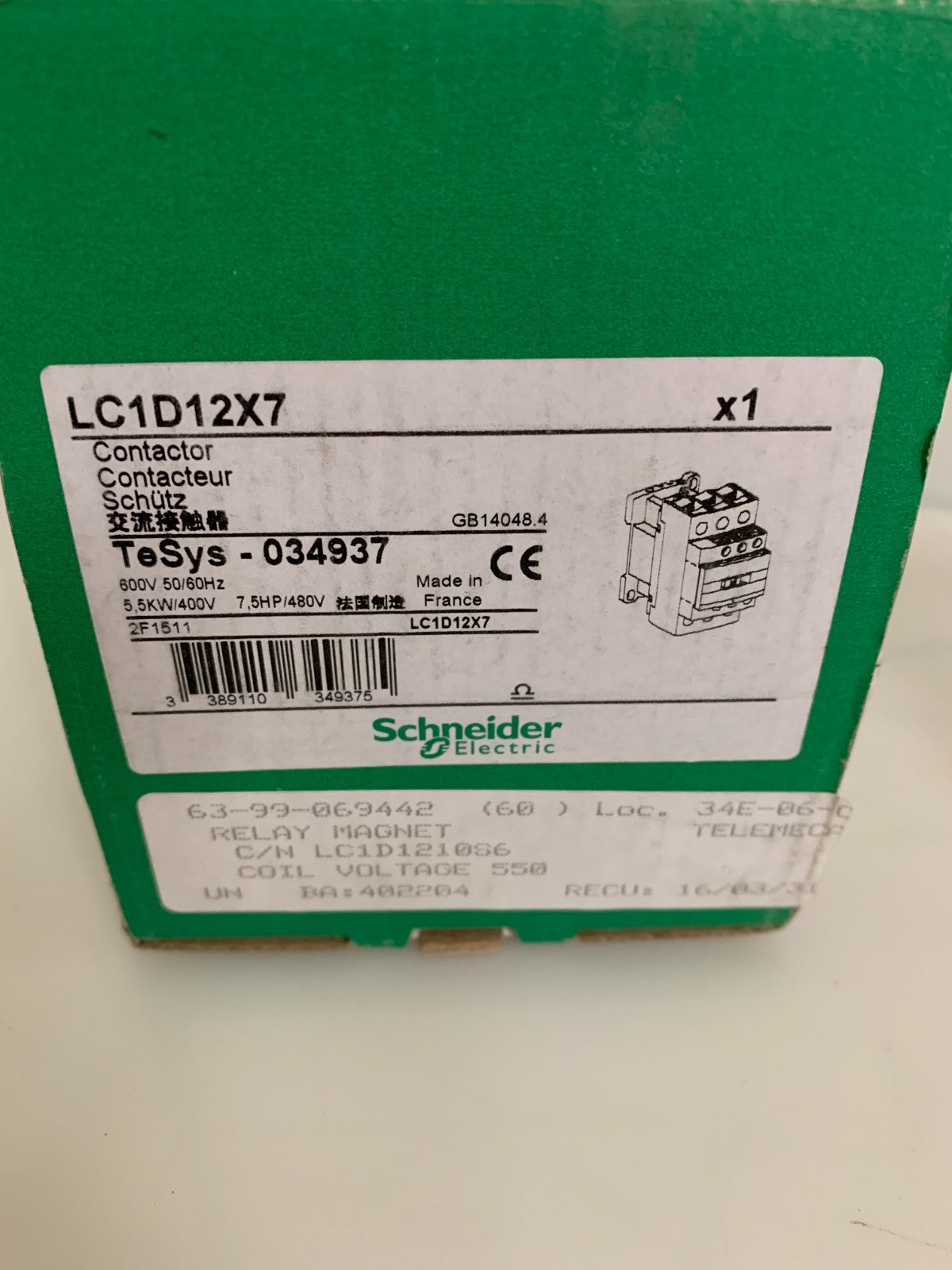 SCHNEIDER CONTACTOR LC1D12X72