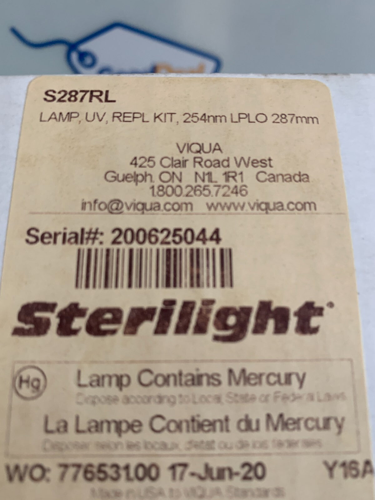 VIQUA STERILIGHT UV LAMP S287 RL