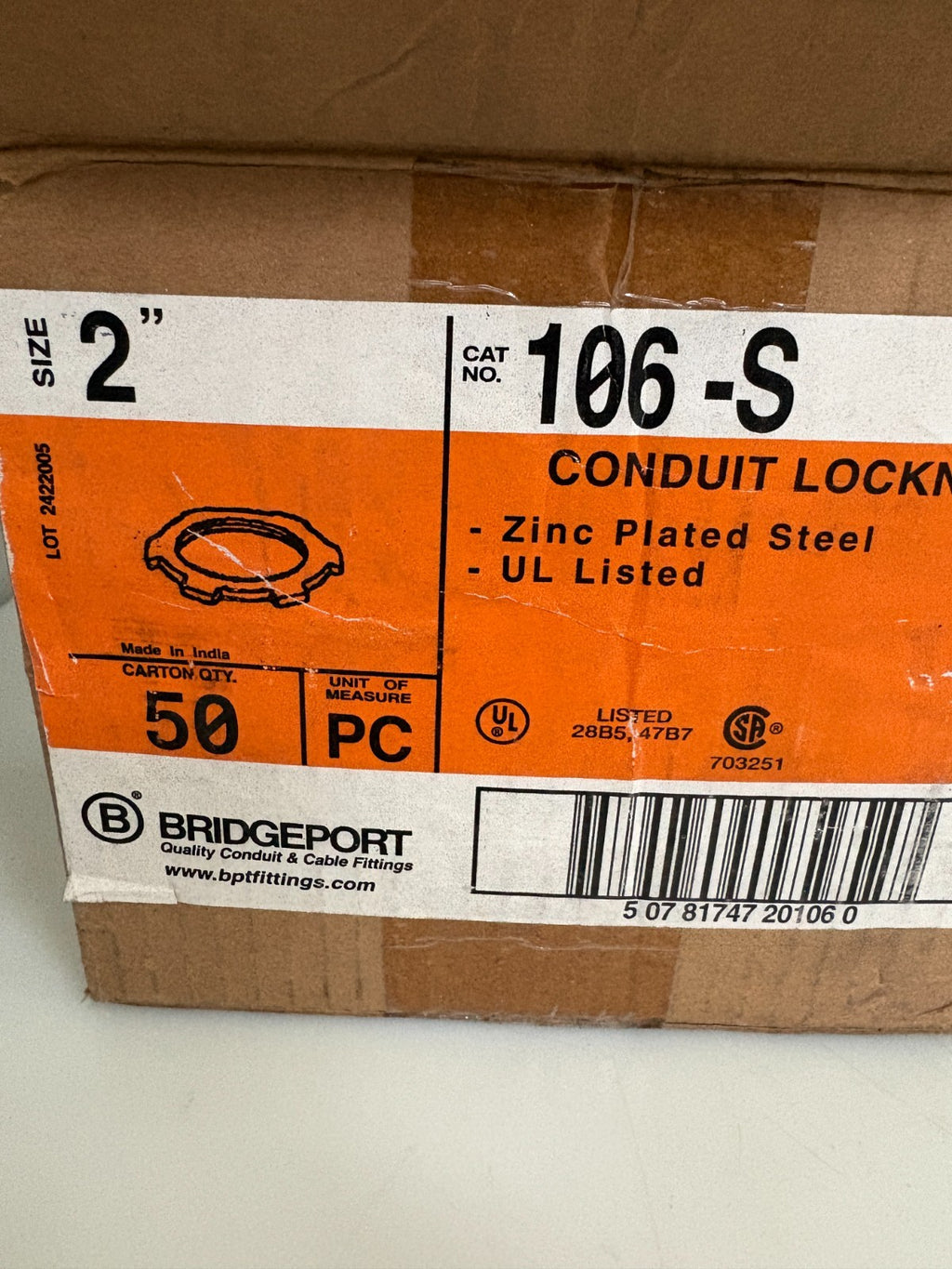 LOT OF 50 BRIDGEPORT 2" ZINC PLATED STEEL CONDUIT LOCKNUT #106-S