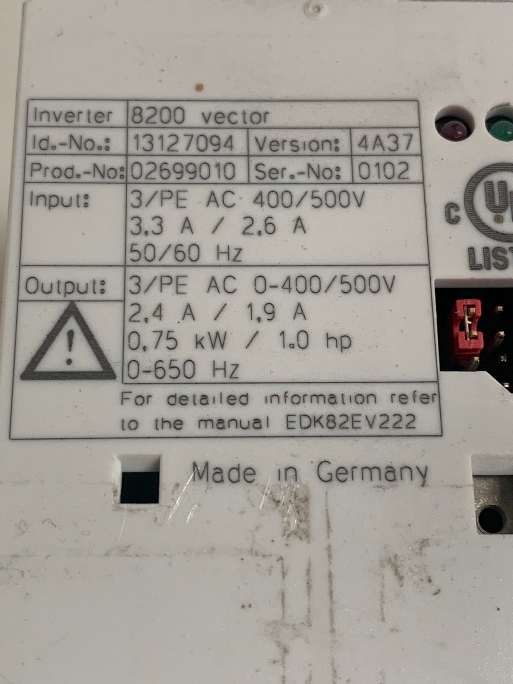 LENZE 8200 VECTOR D-31855 AERZEN ID#13127094  E82EV751-4C INPUT 3/PE AC 400/500V