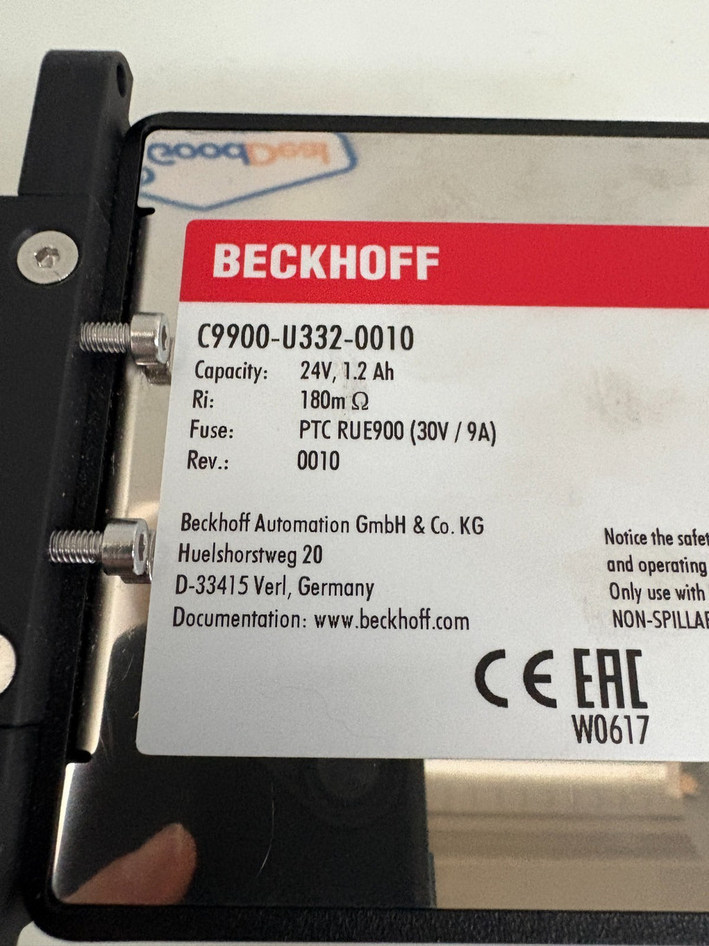 BECKHOFF 24V 1.2 AH BATTERY PACK C 9900-U332-00102