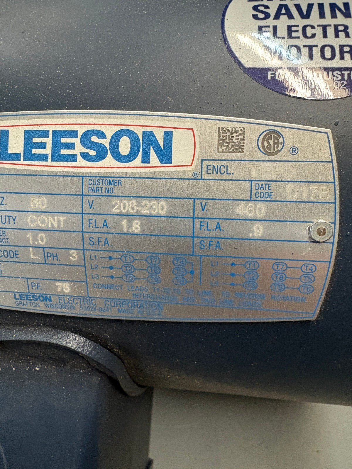 LEESON 1/2HP GENERAL PURPOSE MOTOR C4T34FB2D2
