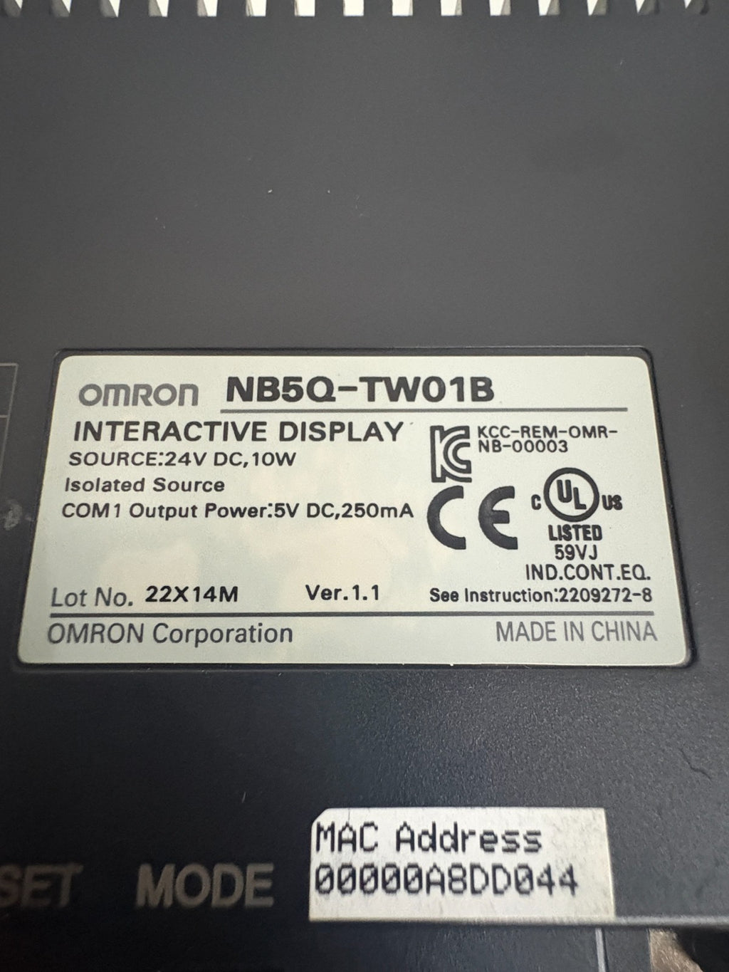 OMRON INTERACTIVE DISPLAY TOUCH SCREEN NB5Q-TW 01B