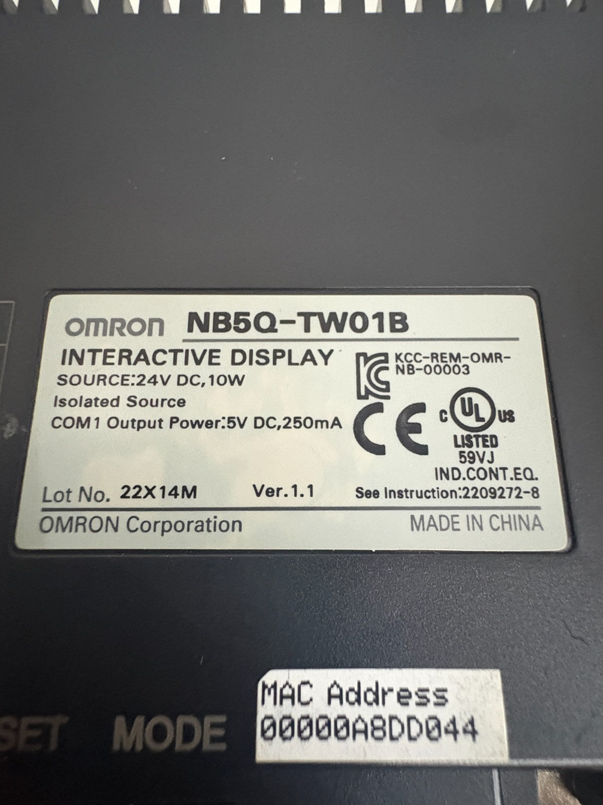 OMRON INTERACTIVE DISPLAY TOUCH SCREEN NB5Q-TW 01B