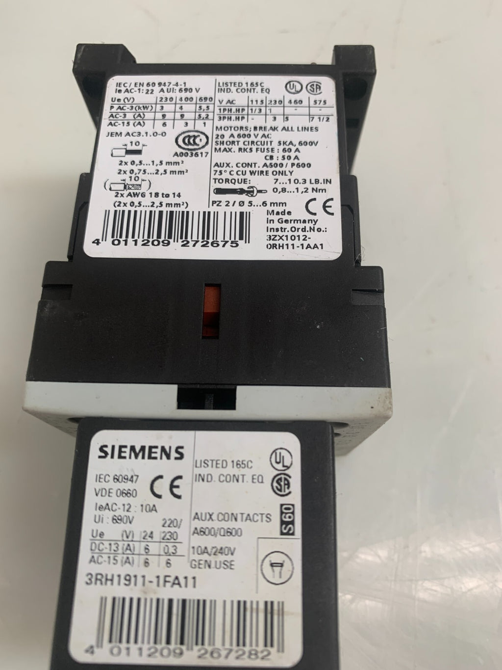 SIEMENS  Contactor   3RT1016-1AF02  w/3RH1911-1FA11  (Lot of 2)