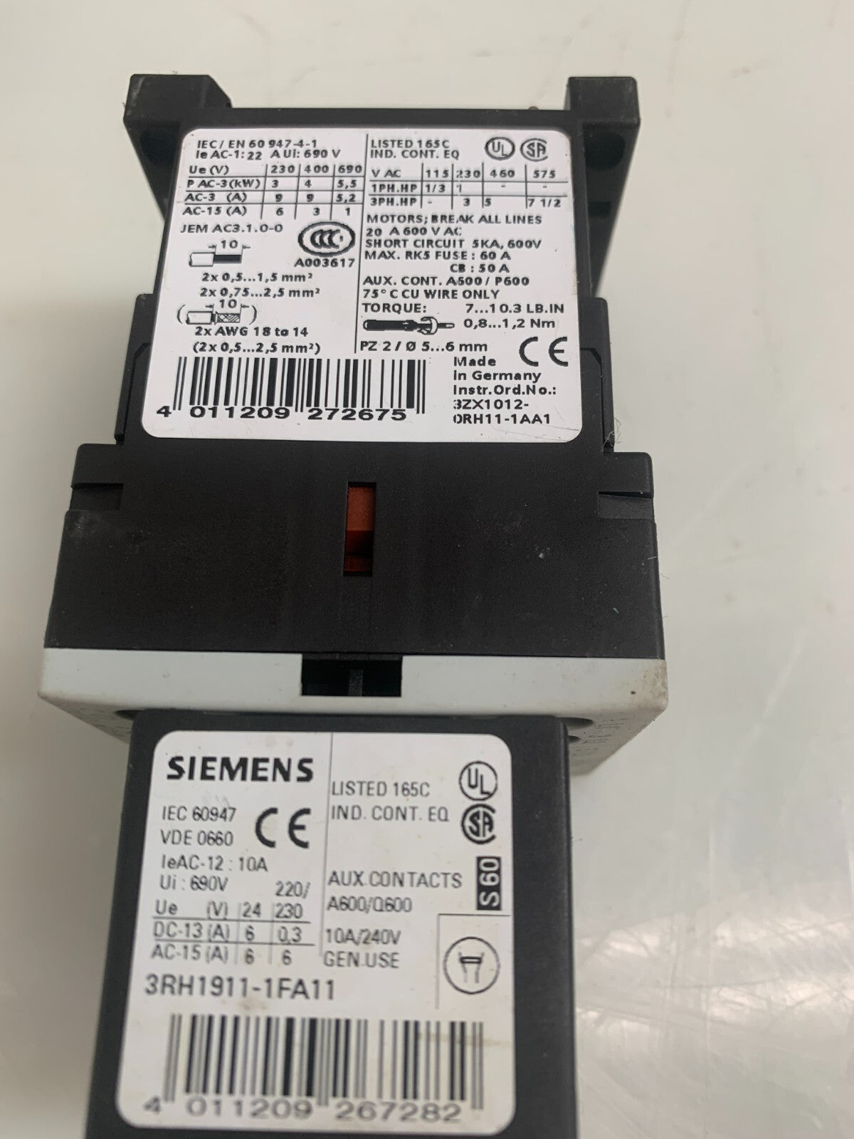 SIEMENS  Contactor   3RT1016-1AF02  w/3RH1911-1FA11  (Lot of 2)