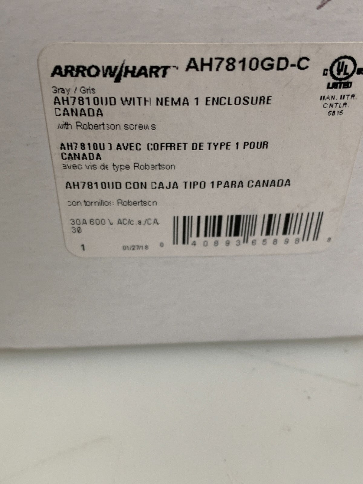 Eaton Arrow/Hart Manual Motor Controller 3HP-15HP 30A 600VAC AH7810GD-C2