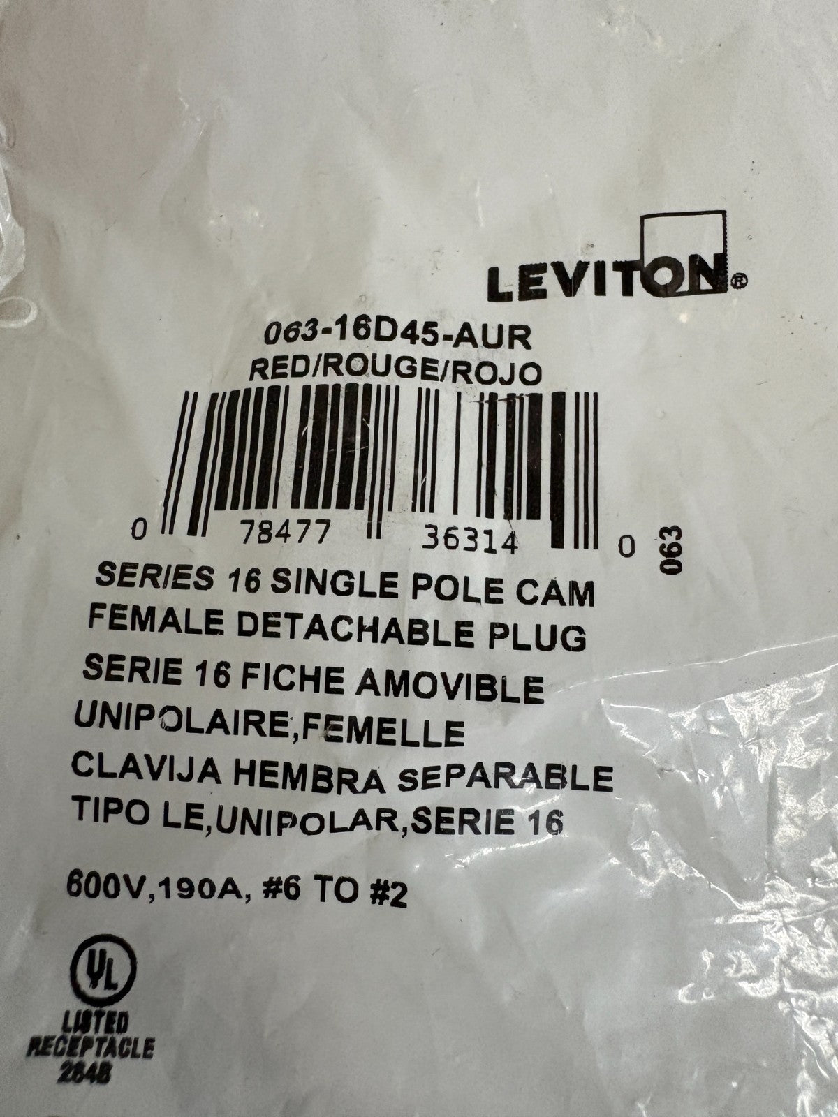 LOT OF 3 LEVITON SERIES 16 FEMALE DETACHABLE PLUG RED 063-16D45-AUR2