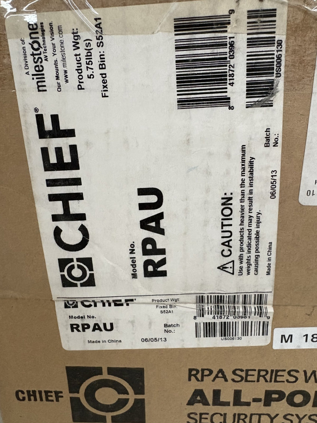 CHIEF MILESTONE LCD/DLP PROJECTOR CEILING MOUNT-BLACK MODEL : RPA4