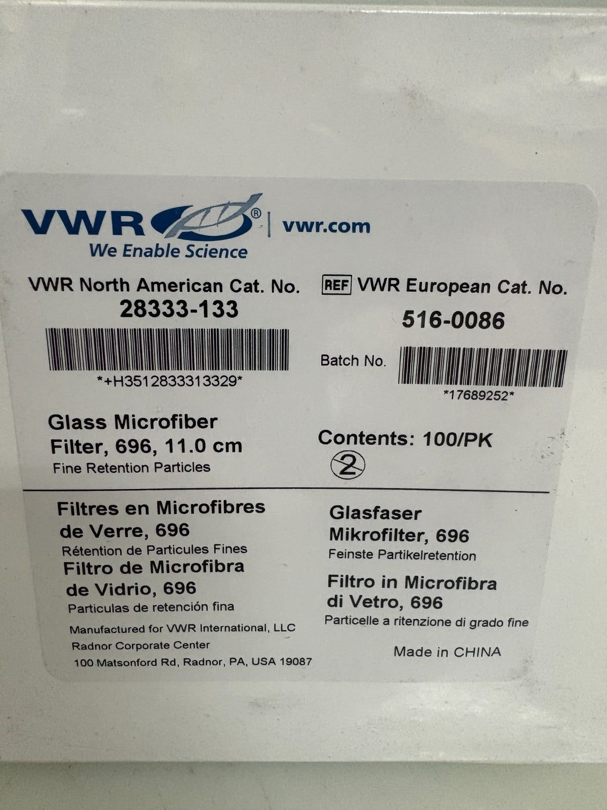 VWR GLASS MICROFIBER FILTER 696 11CM 100PK 1
