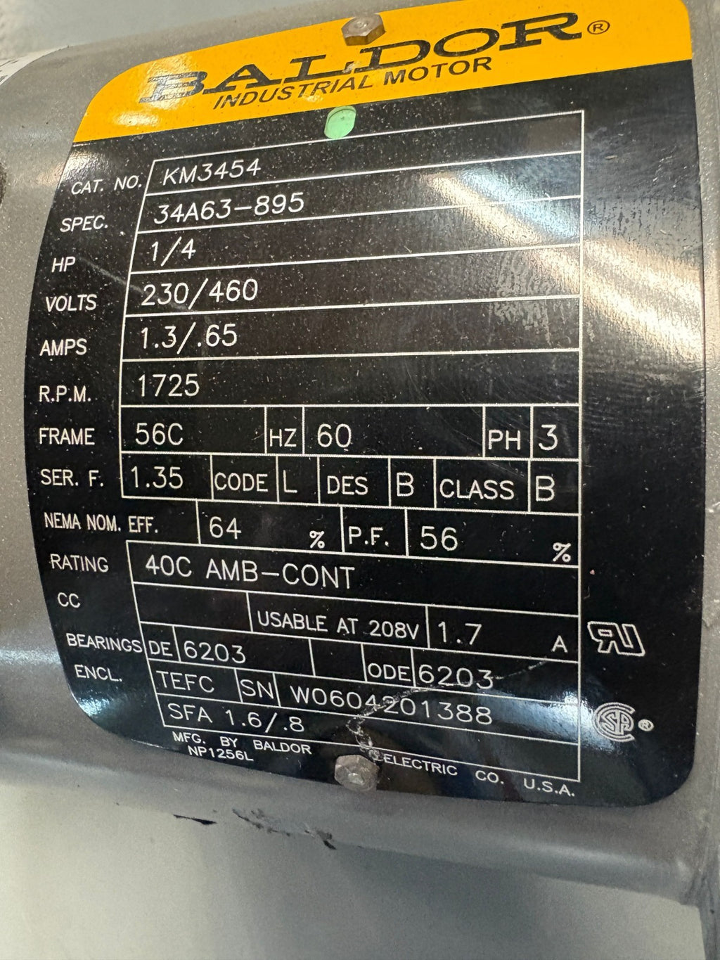 BALDOR 1/4 HP INDUSTRIAL MOTOR KM34542