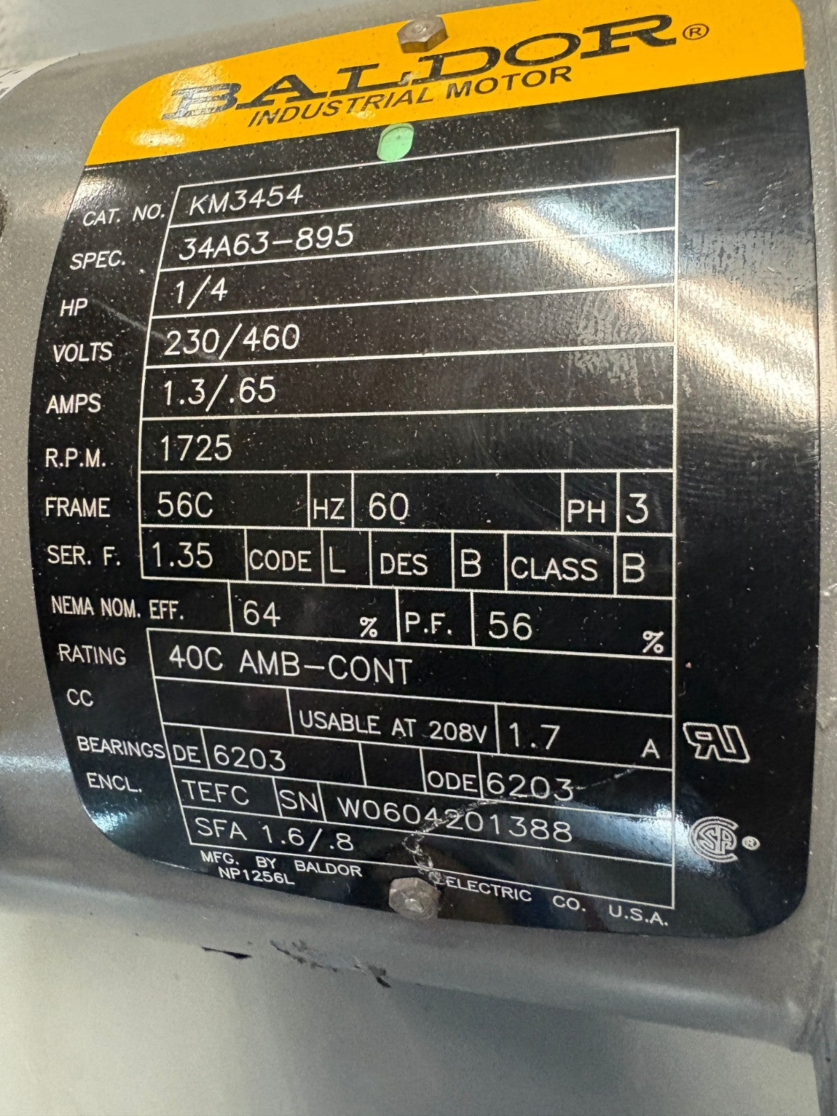BALDOR 1/4 HP INDUSTRIAL MOTOR KM34542