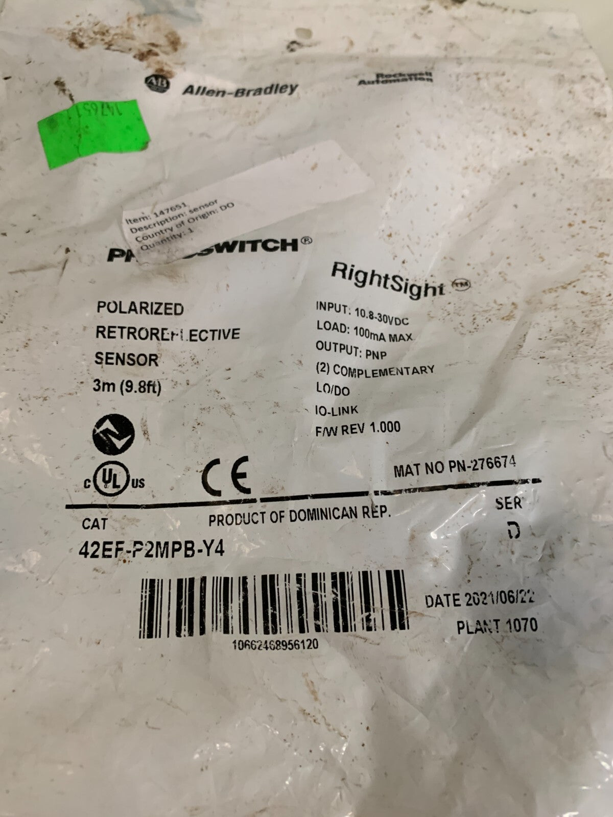 ALLEN BRADLEY PHOTO ELECTRIC SWITCH 42EF-P2MPB-Y4
