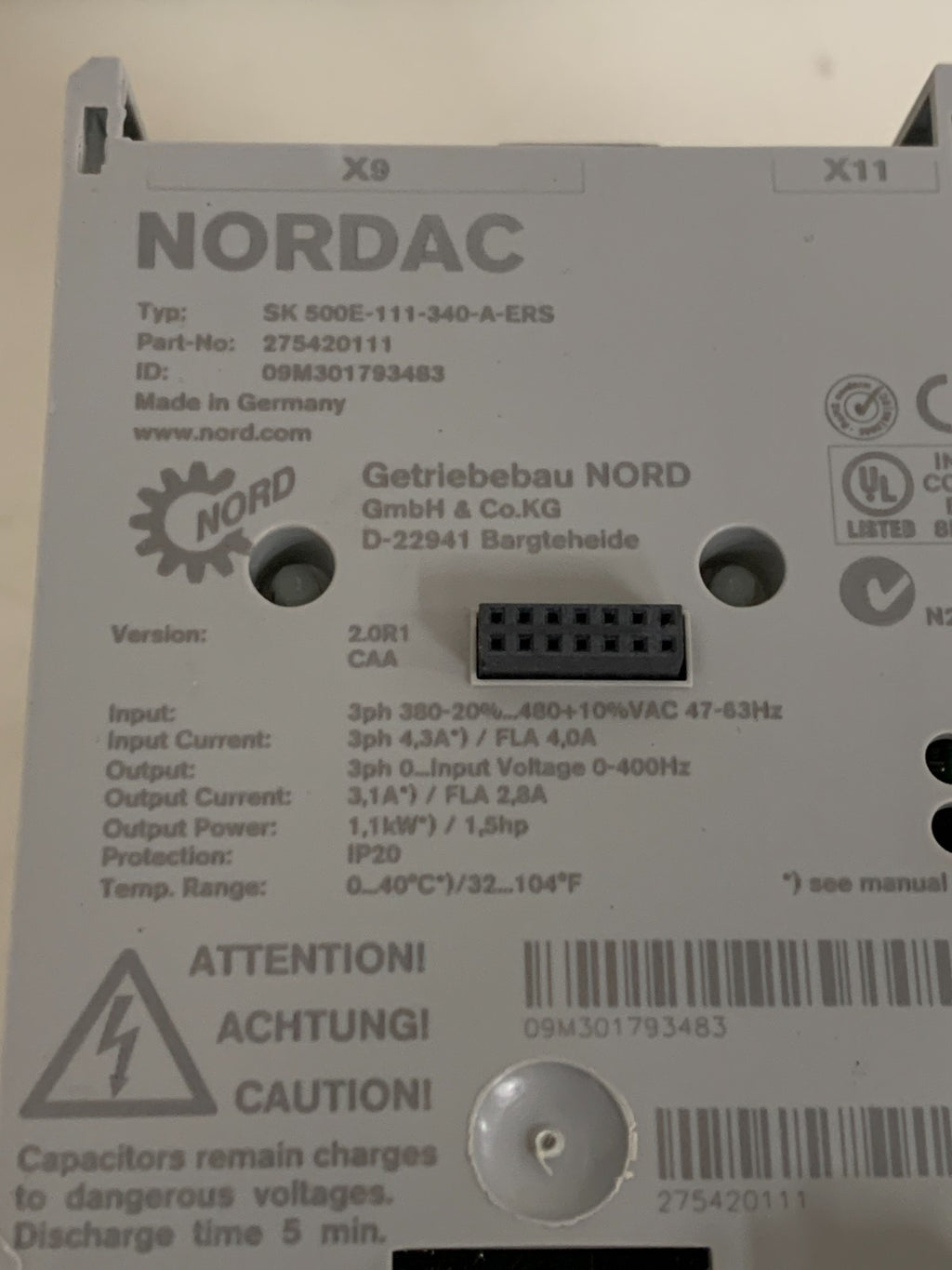 NORDAC 500 E 3HP MOTOR DRIVE SK 500 E -111-340-A-ERS #275420111 W/CONTROL PANEL