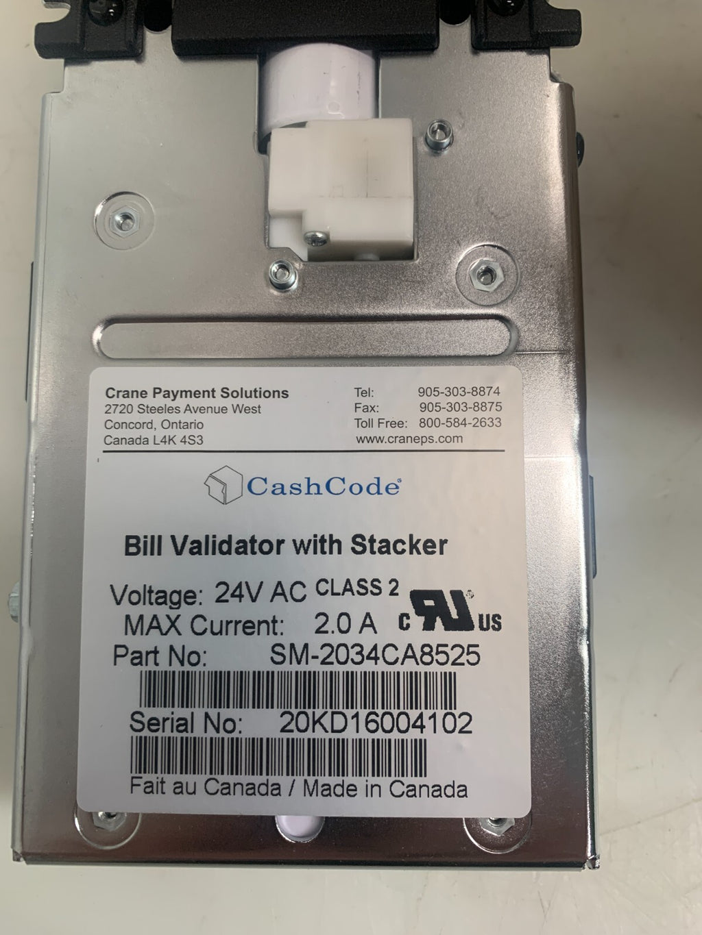Cash Code Front Load Bill Validator  with stacker SM-2034CA8525
