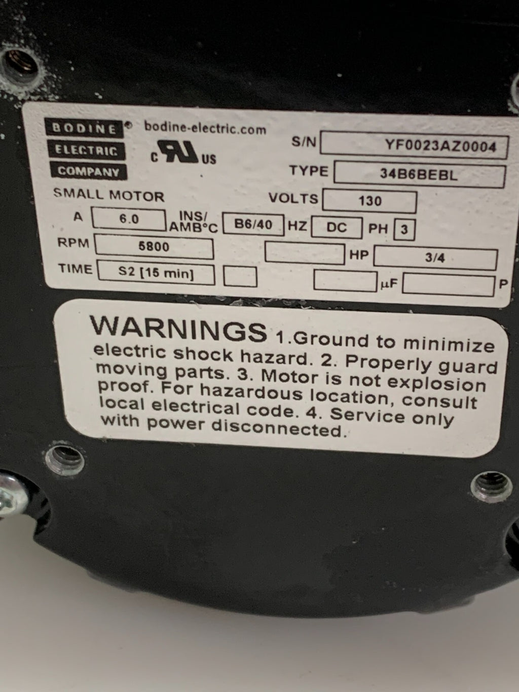 Bodine 3/4 HP Motor 34B6BEBL 5800 RPM DC