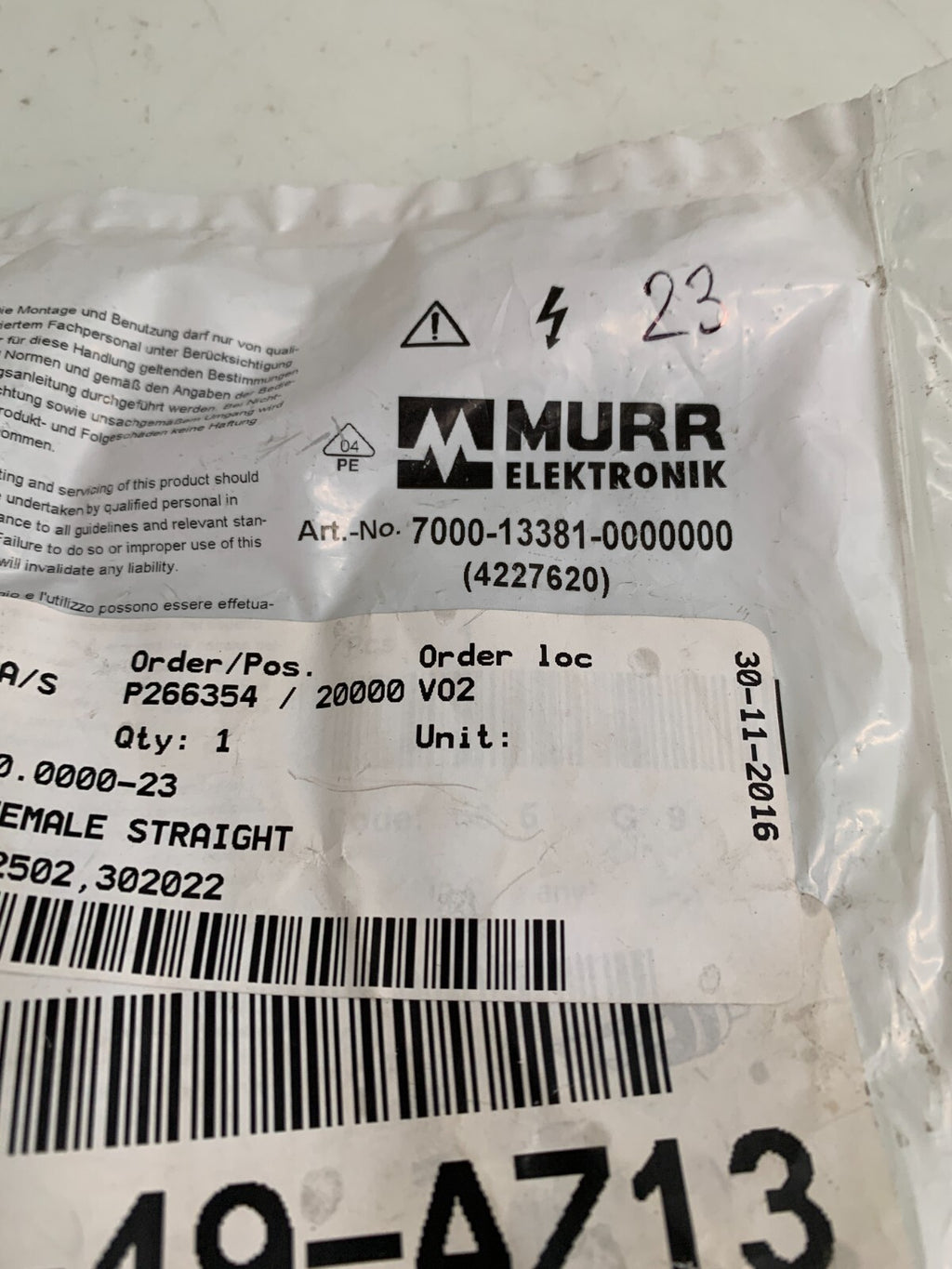 MURR ELEKTRONIK CONNECTOR M12 FEMALE 7000-13381-0000000