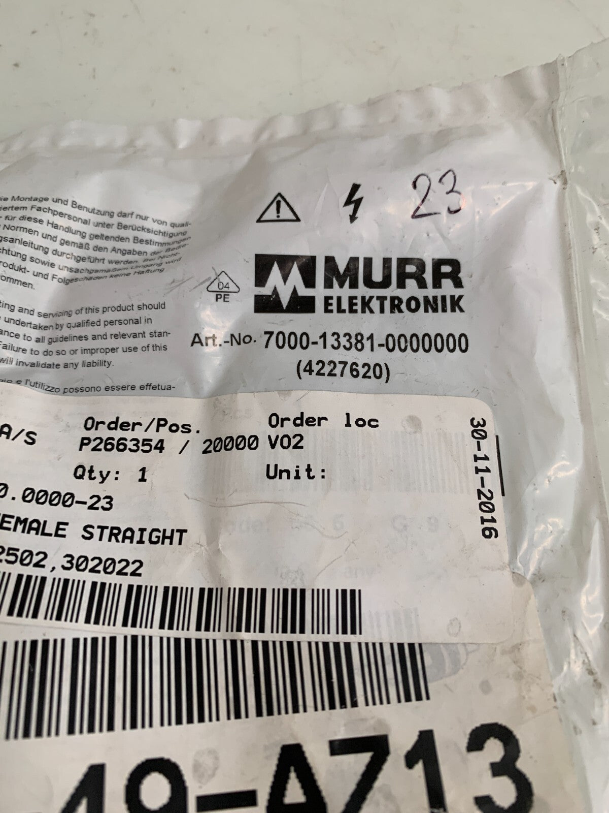 MURR ELEKTRONIK CONNECTOR M12 FEMALE 7000-13381-0000000
