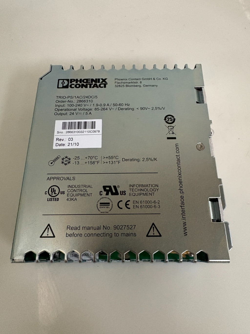 PHOENIX CONTACT TRIO POWER SUPPLY TRIO-PS/1AC/24DC/5
