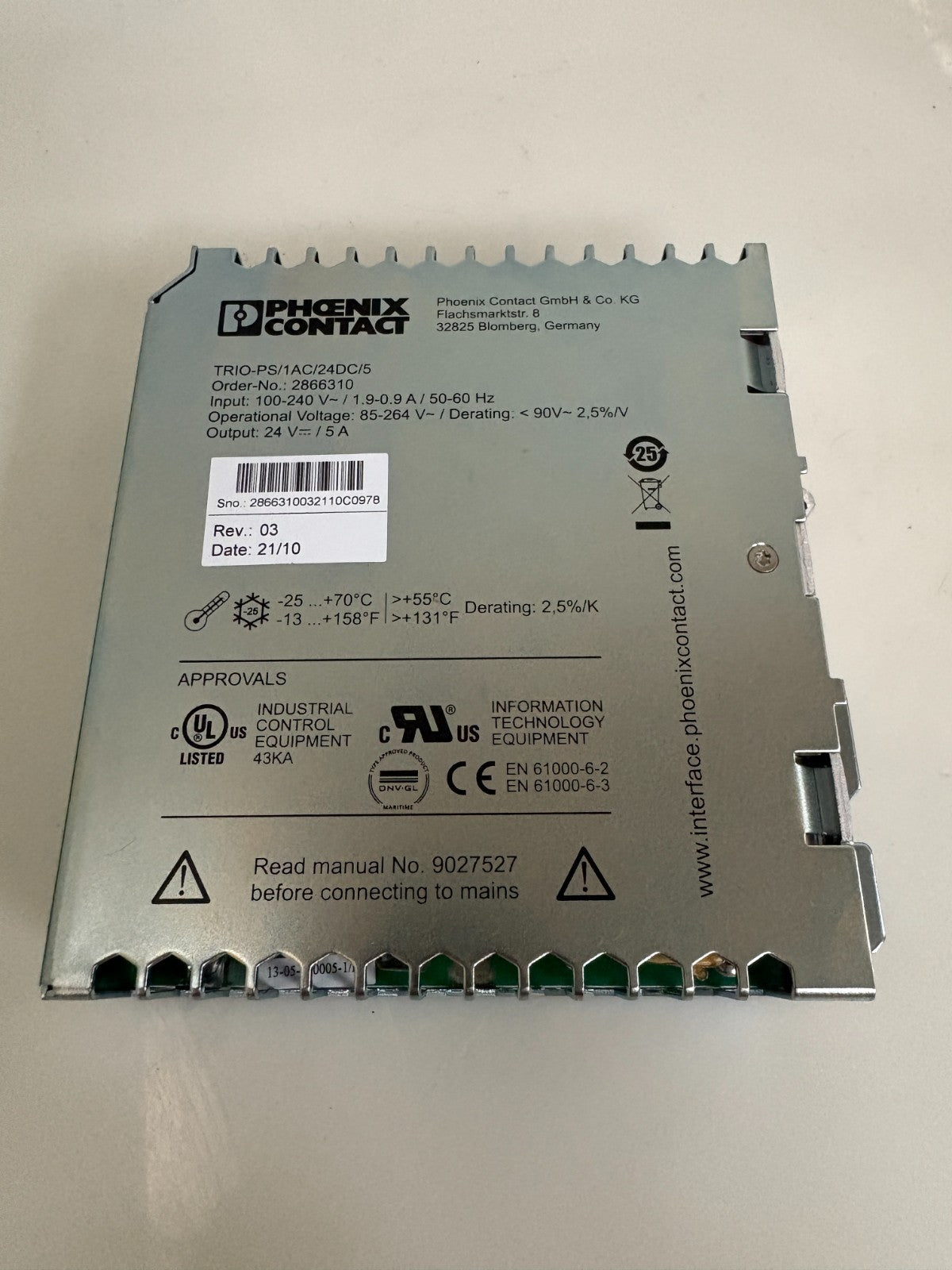 PHOENIX CONTACT TRIO POWER SUPPLY TRIO-PS/1AC/24DC/5