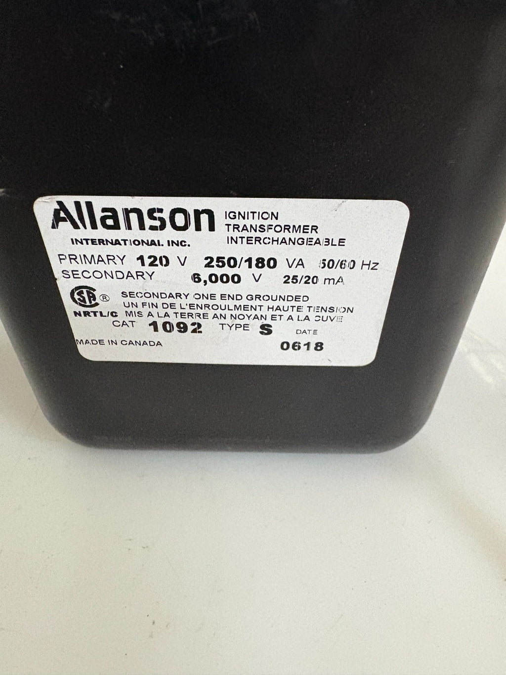 ALLANSON IGNITION TRANSFORMER #1092 TYPE S1