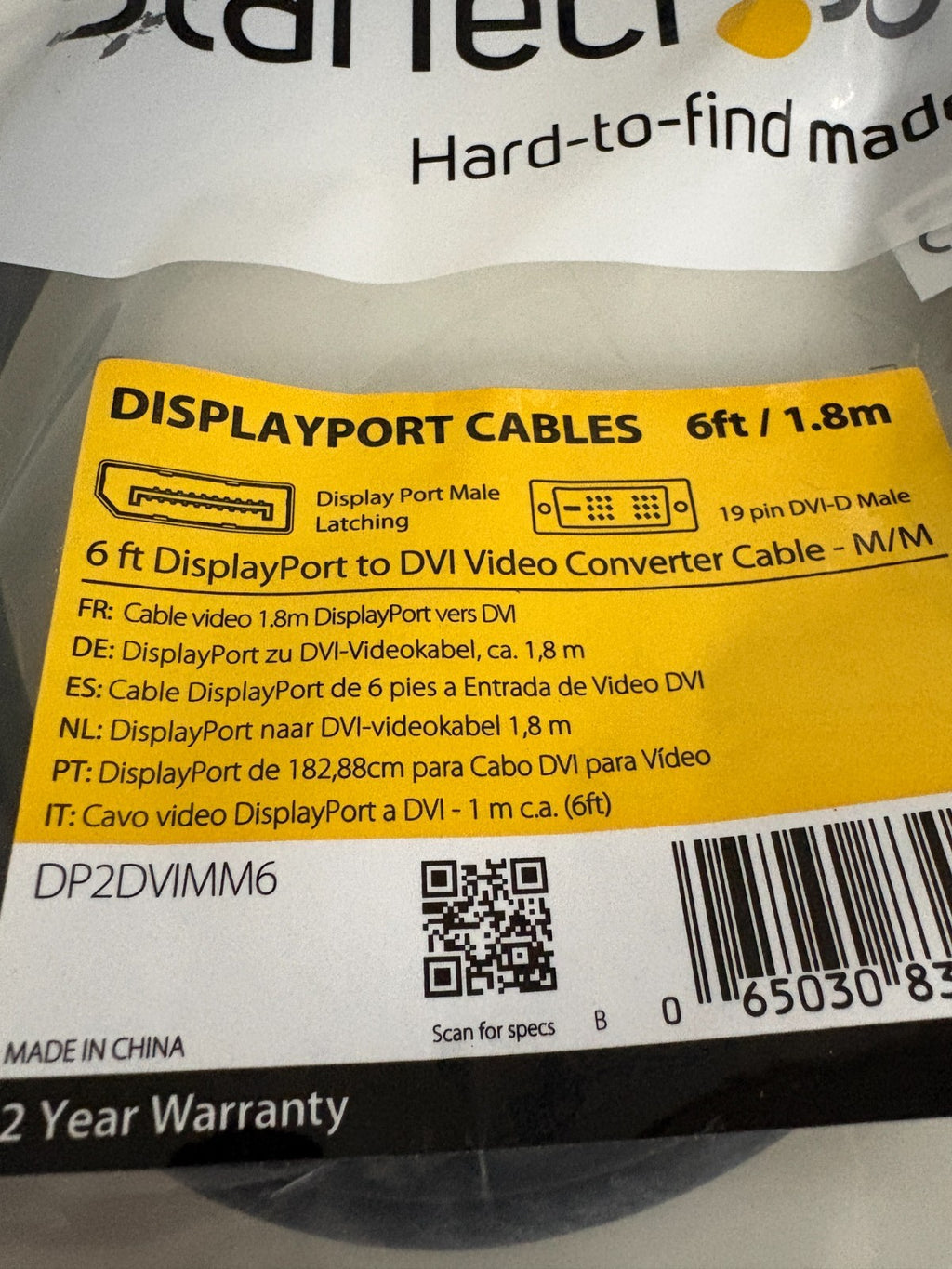 LOT OF 2 STARTECH DISPLAYPORT CABLE 6' DP2DVIMM63