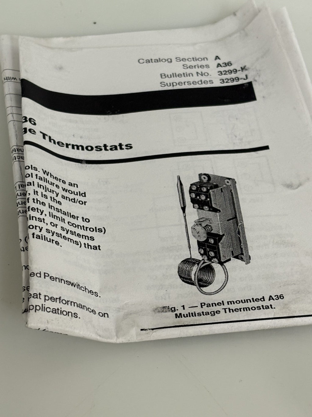 JOHNSON CONTROLS TEMPERATURE CONTROL A36AHA-58C