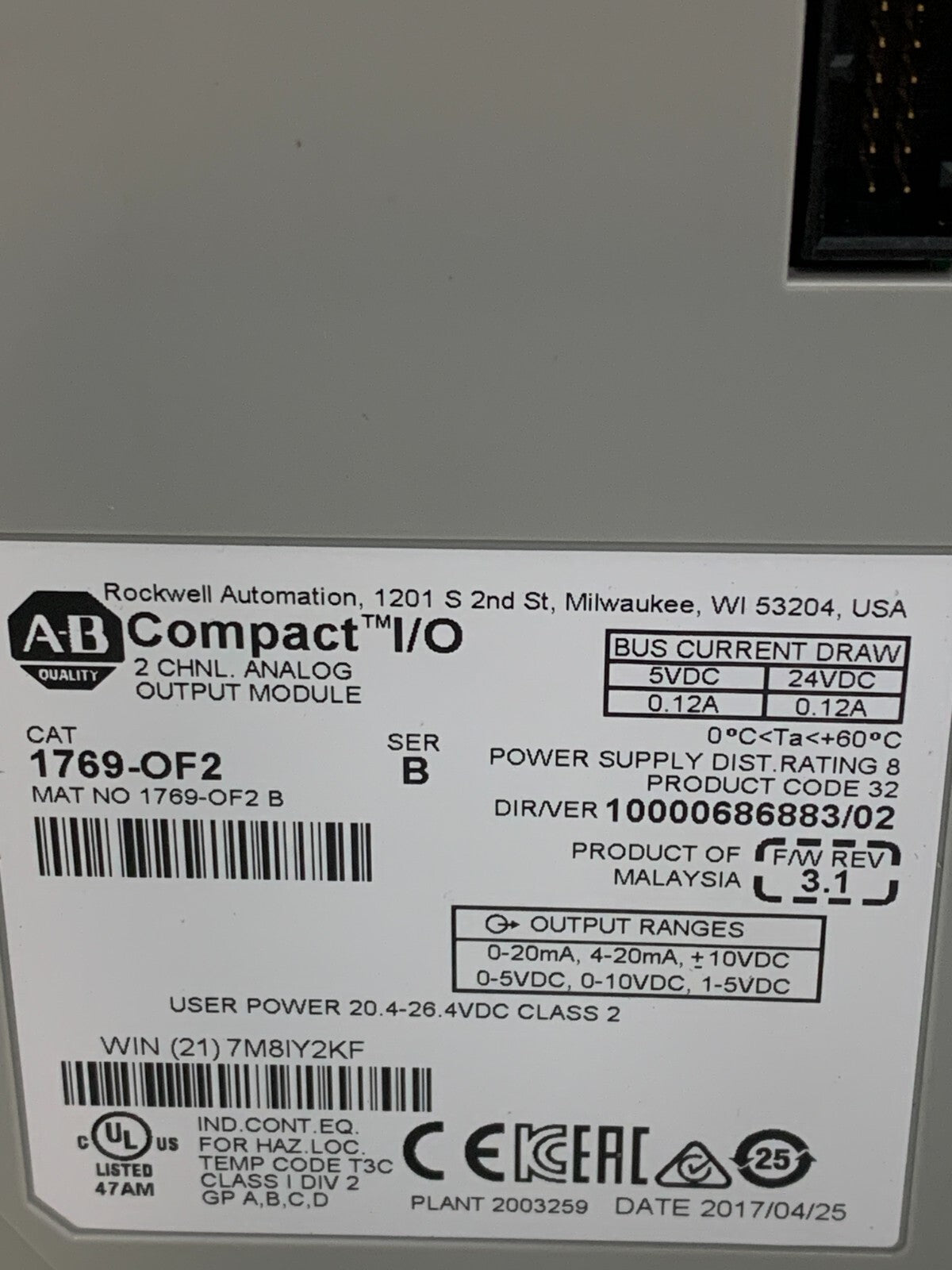 Allen-Bradley 1769-OF2 Ser. B 2 Channel Analog Output Module