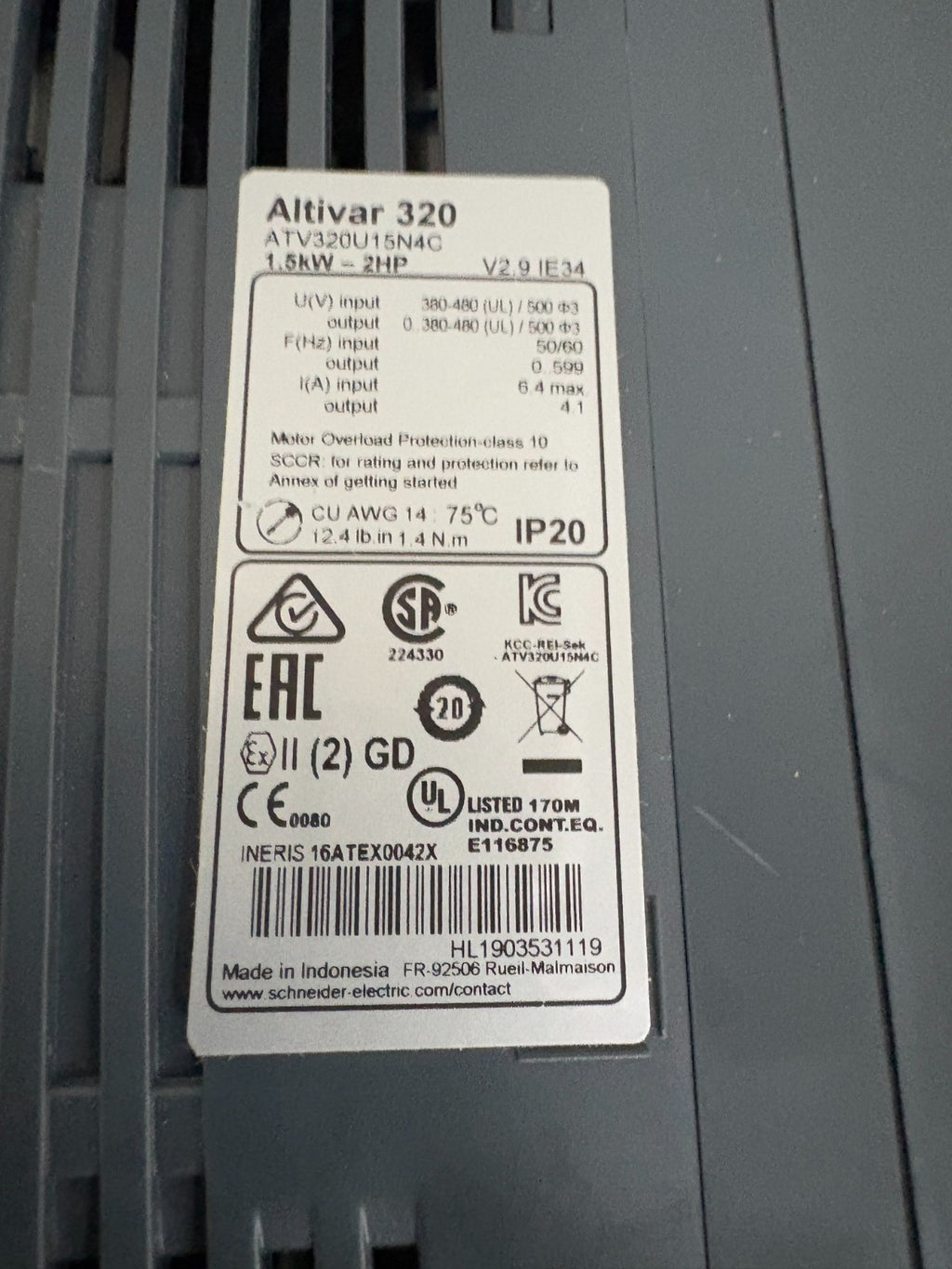 SCHNEIDER ALTIVAR 320 AC DRIVE HP ATV320U15N4C
