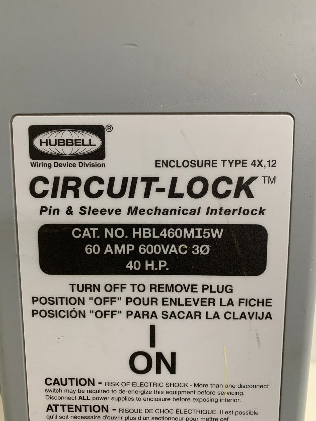 HUBBELL PIN & SLEEVE MECHANICAL INTERLOCK 60 AMP 40HP HBL460 MISW