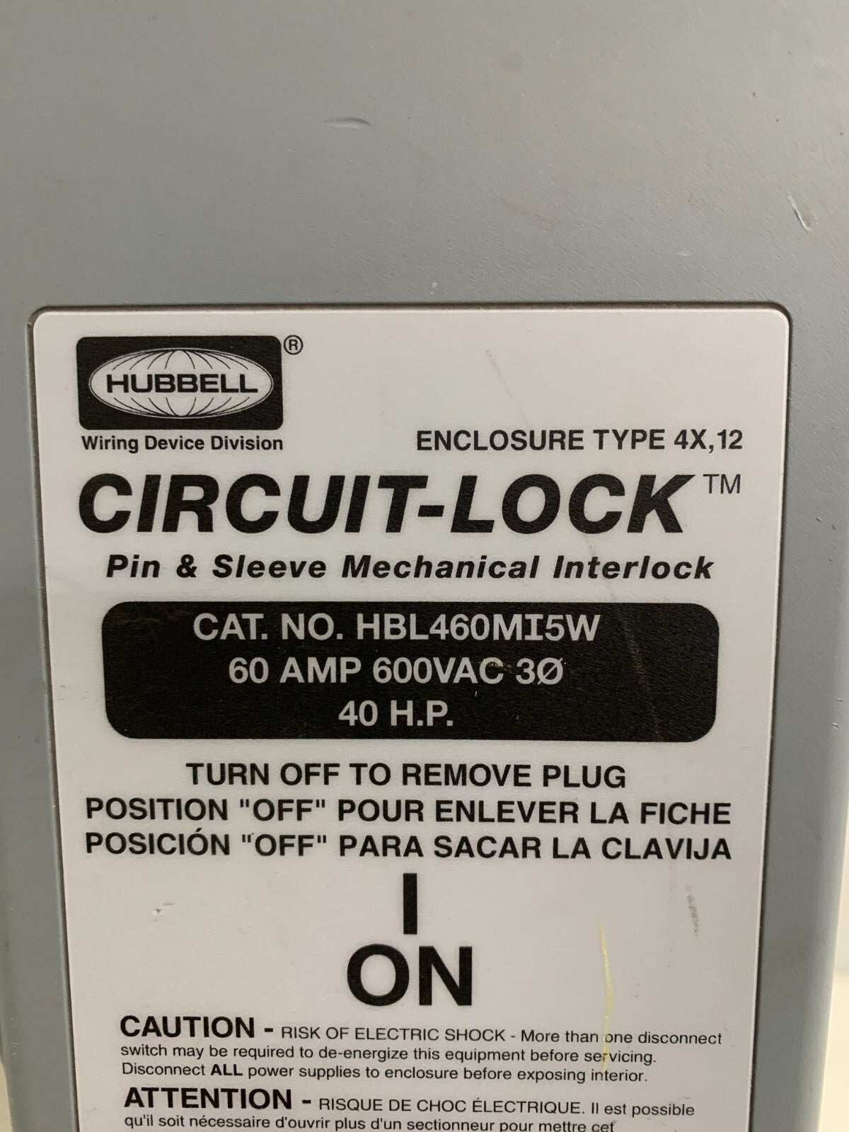 HUBBELL PIN & SLEEVE MECHANICAL INTERLOCK 60 AMP 40HP HBL460 MISW