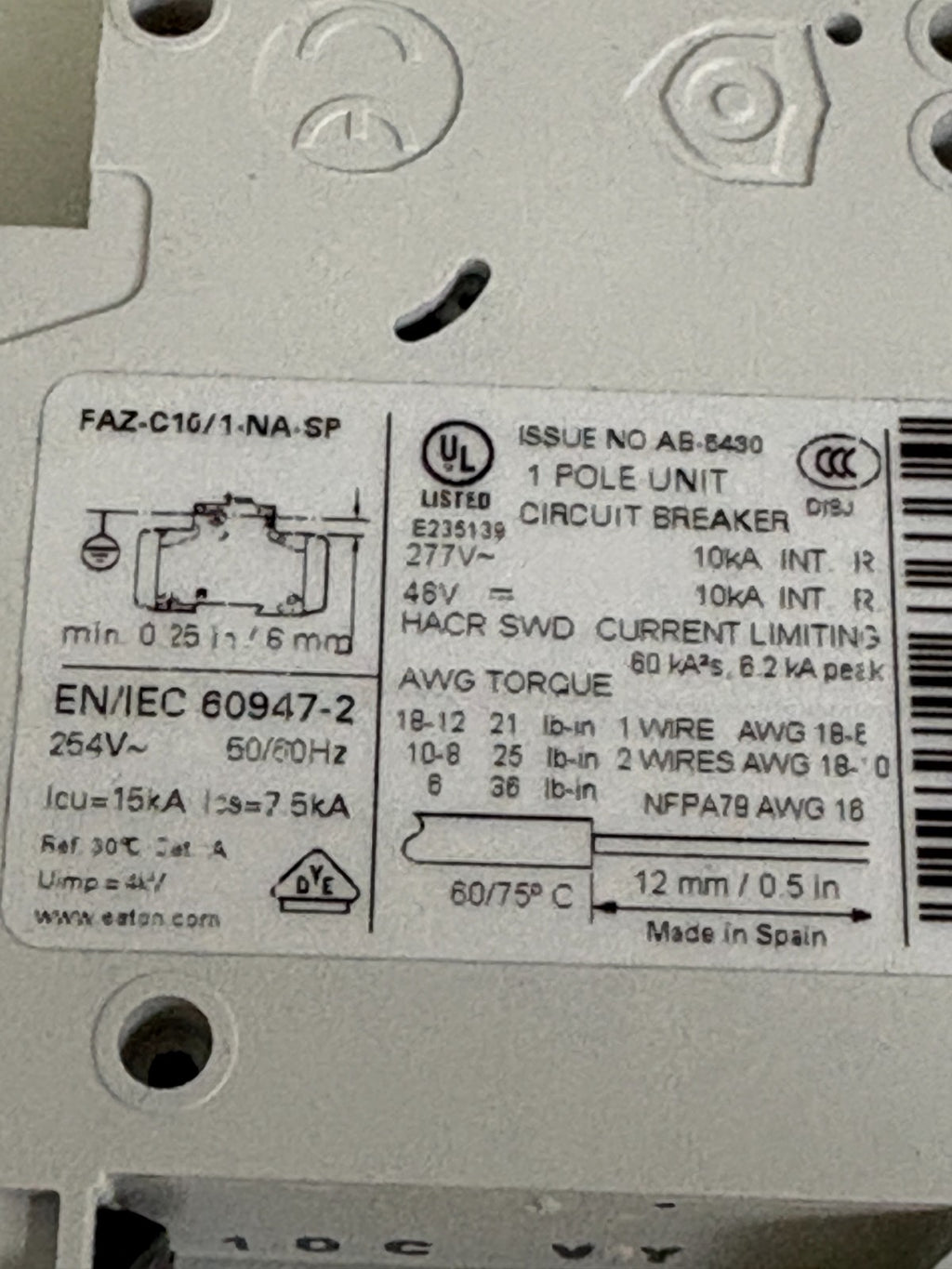 LOT OF 4 EATON 10 A CIRCUIT BREAKER FAZ-C10/1-NA-SP