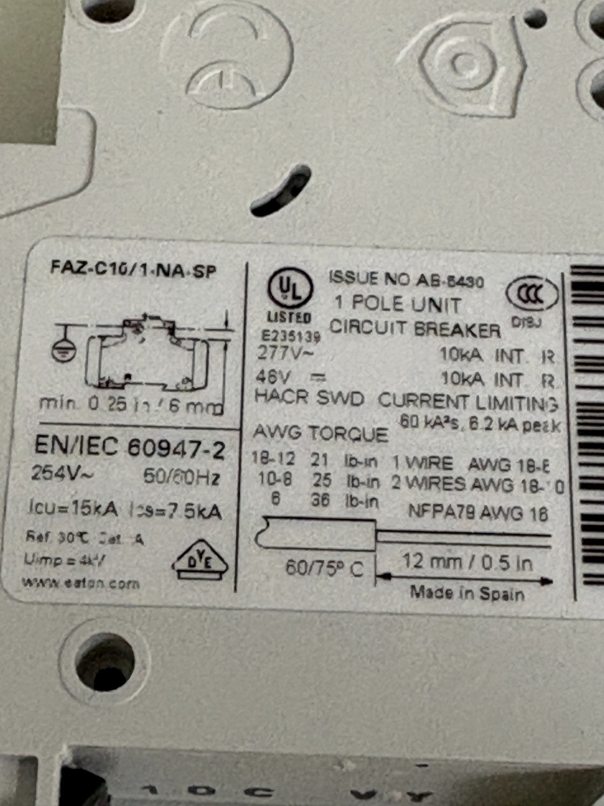 LOT OF 4 EATON 10 A CIRCUIT BREAKER FAZ-C10/1-NA-SP