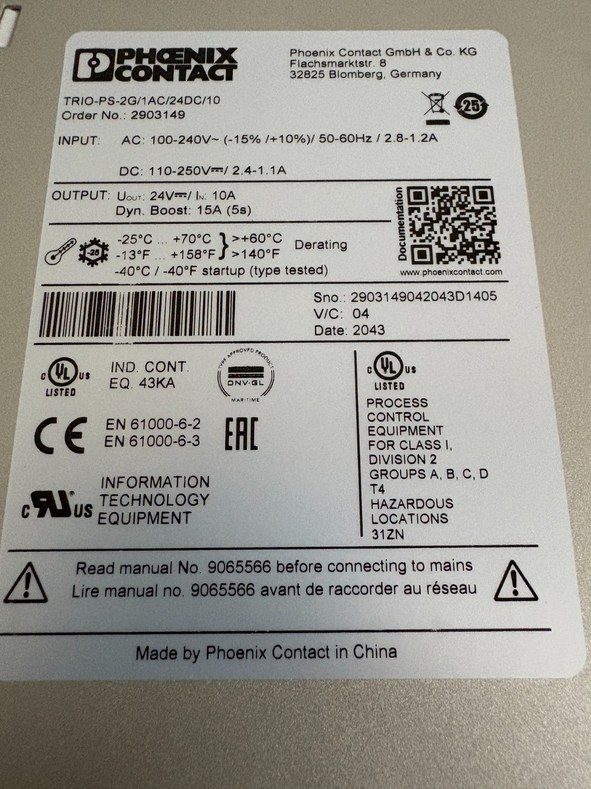 PHOENIX CONTACT POWER SUPPLY TRIO-PS-2G/1AC/24DC/10
