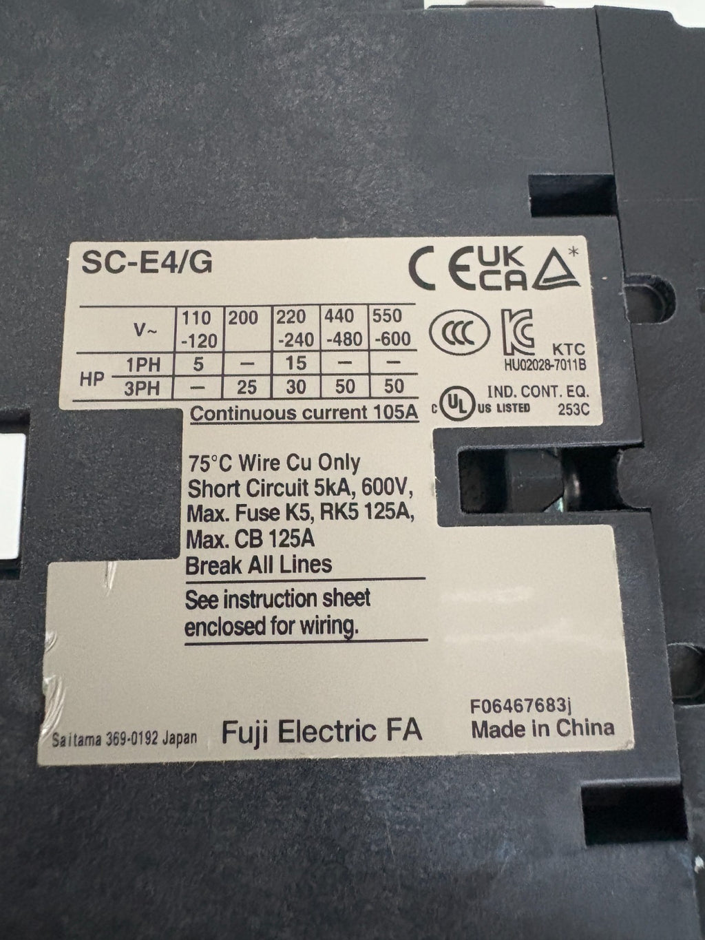 FUJI ELECTRIC MAGNETIC CONTACTOR SC-E4/G3