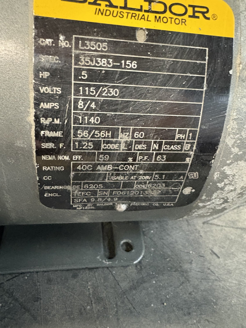 BALDOR MOTOR .5 HP 1140 RPM #L3505 SPEC 35J383-156