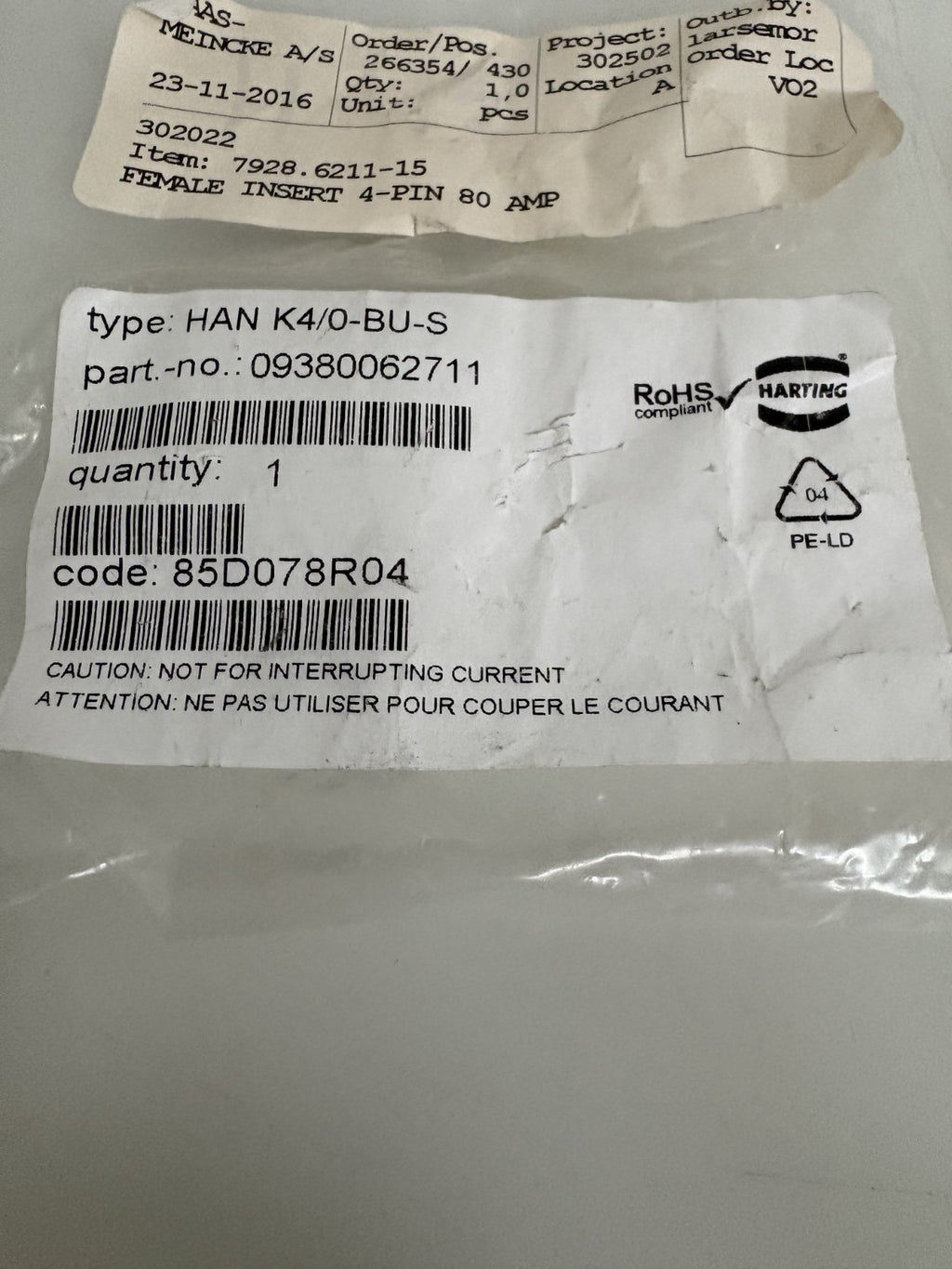 HARTING HAN K4/O-STI-S CONNECTOR #09380062611
