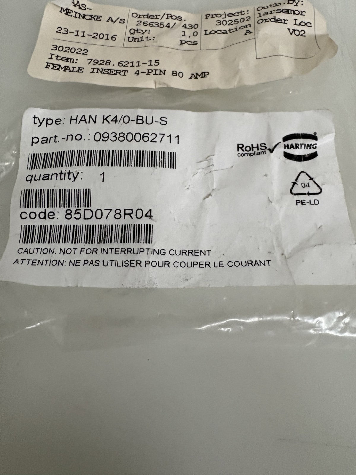 HARTING HAN K4/O-STI-S CONNECTOR #09380062611