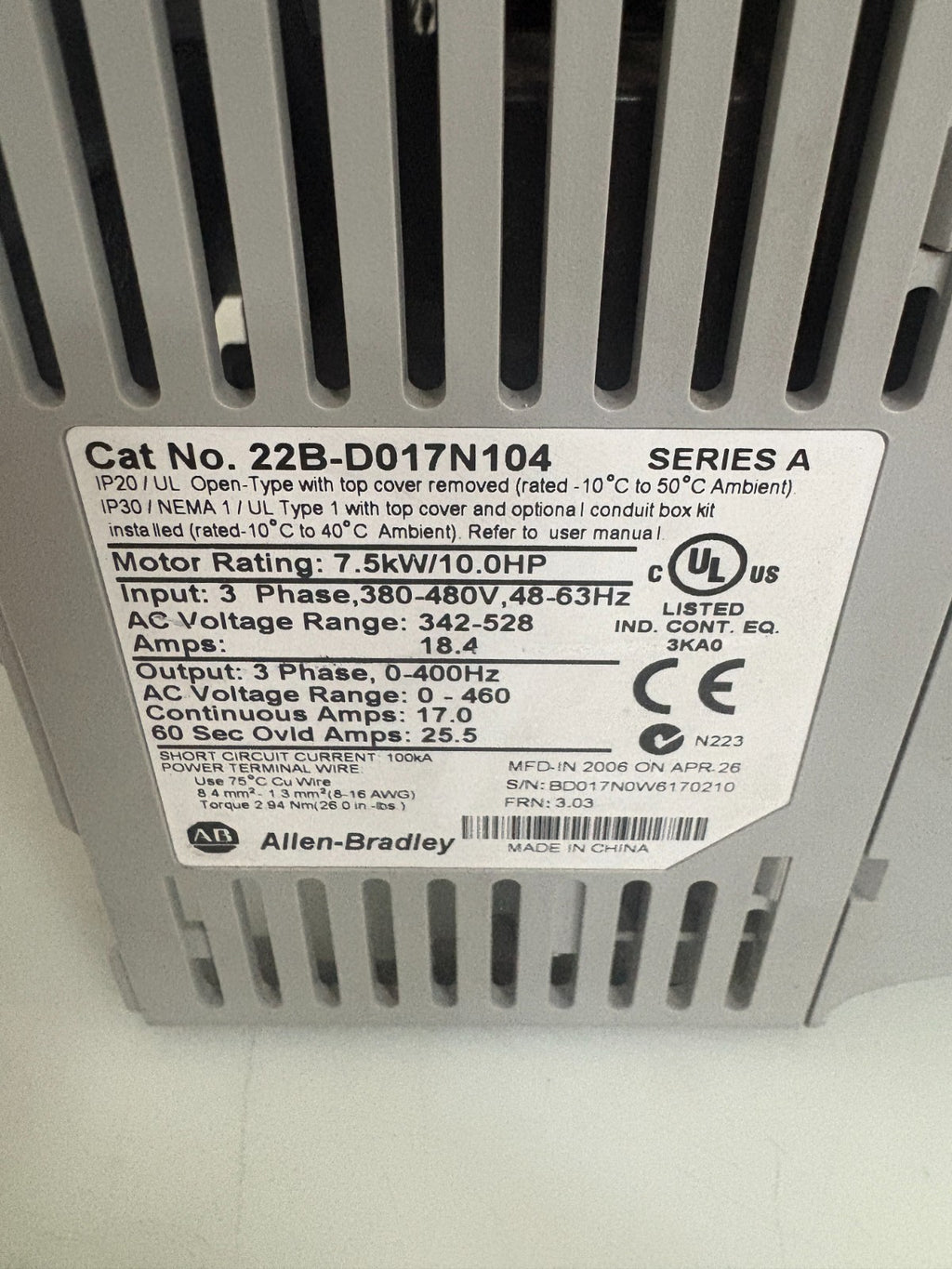 ALLEN BRADLEY 10HP POWERFLEX 40 22B-D017N104 SERIE A3