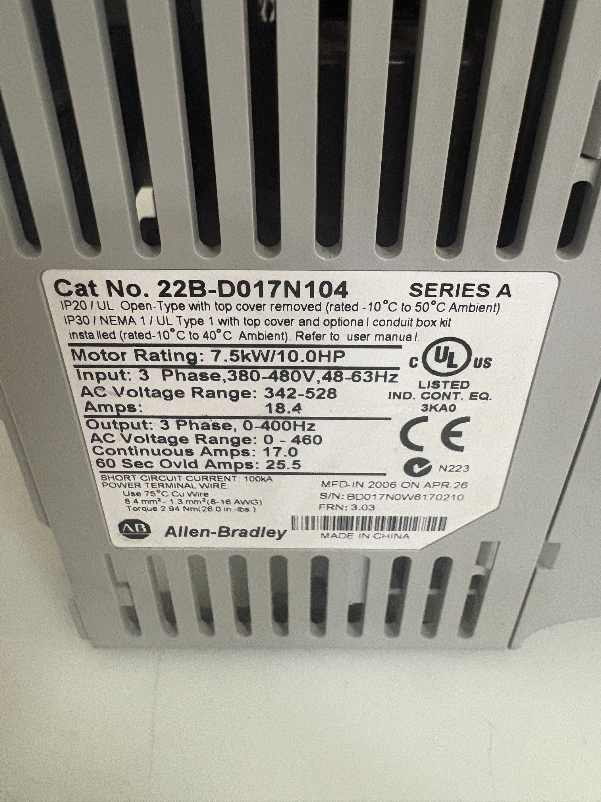 ALLEN BRADLEY 10HP POWERFLEX 40 22B-D017N104 SERIE A3