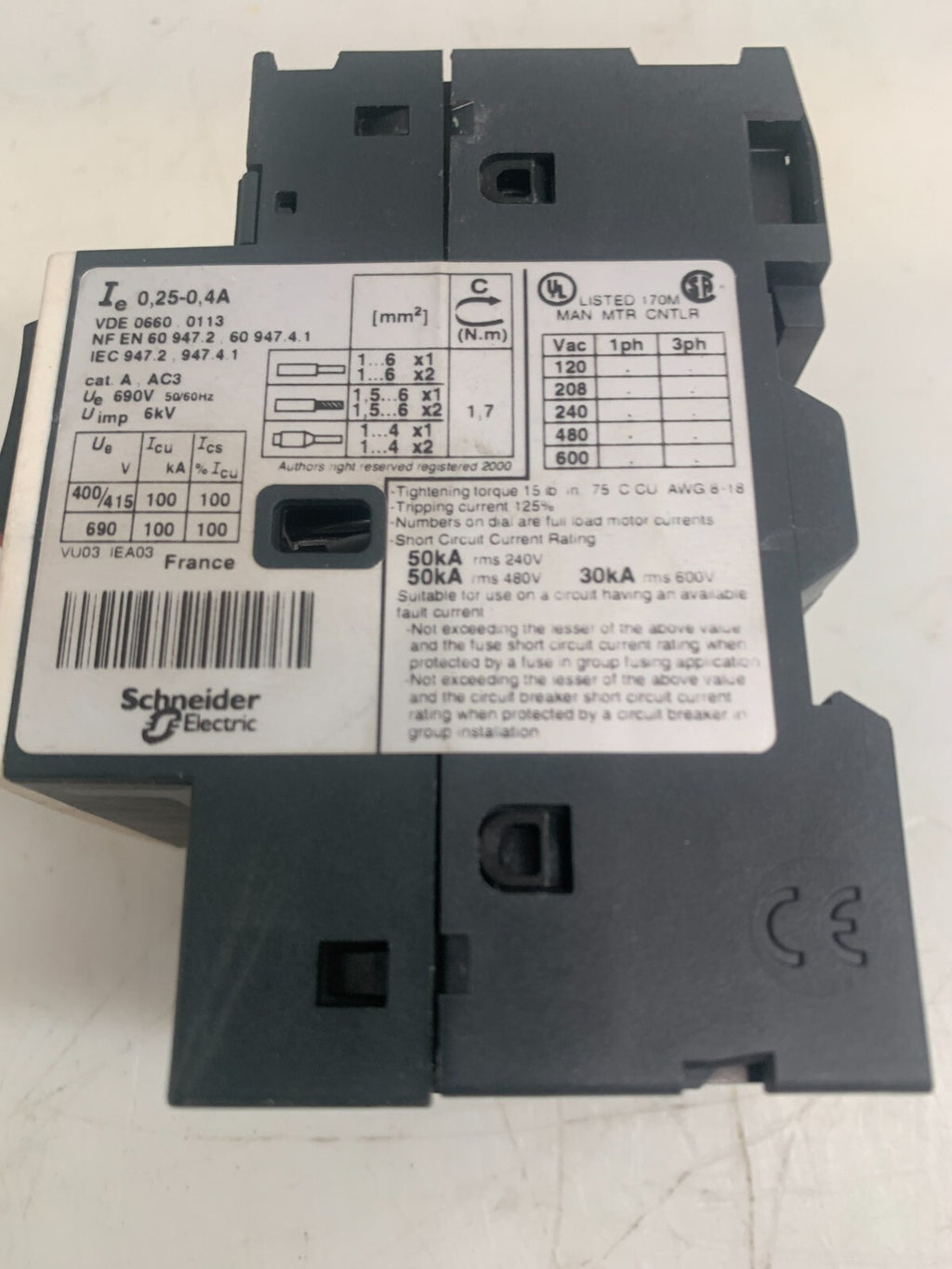 SCHNEIDER ELECTRIC / Telemecanique  SquareD  GV2ME03/0.25-0.4A  w/GVAN11