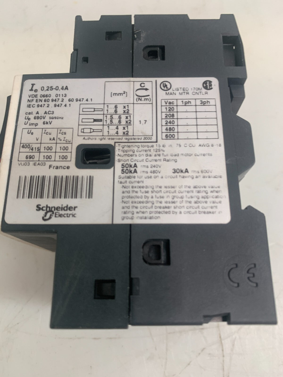 SCHNEIDER ELECTRIC / Telemecanique  SquareD  GV2ME03/0.25-0.4A  w/GVAN11