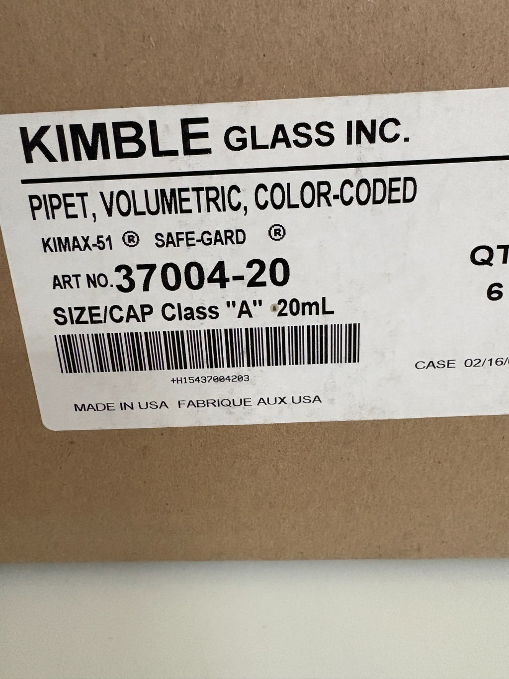 KIMBLE GLASS MIX LOT 6X20ML AND 6X25ML VOLUMETRIC PIPET 37004-20 37004-25